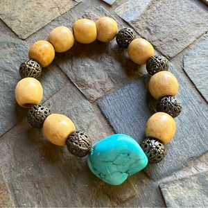 Handmade wooden beaded bracelet with a turquoise piece NEW